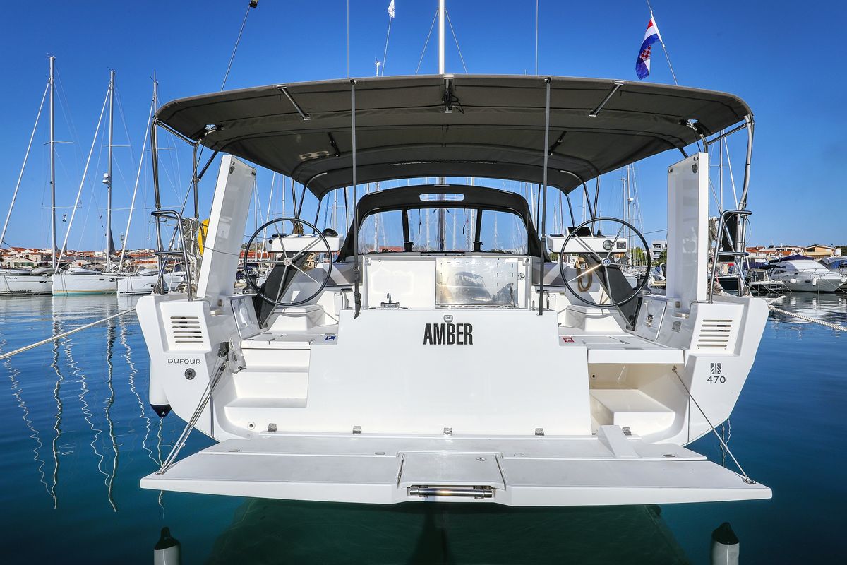 Exterior view of Amber, a Dufour 470 sailboat at Grad Trogir, Croatia