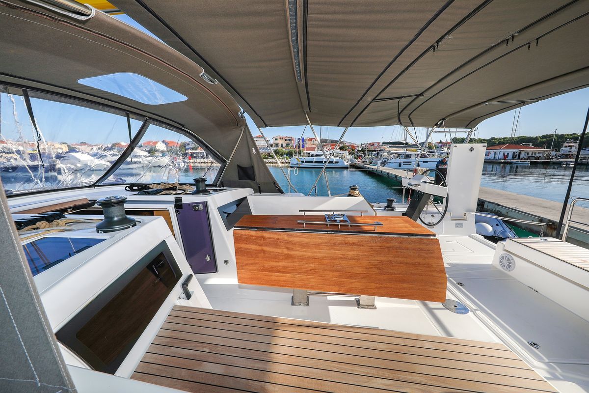 Deck of Amber, a Dufour 470 sailboat at Grad Trogir, Croatia