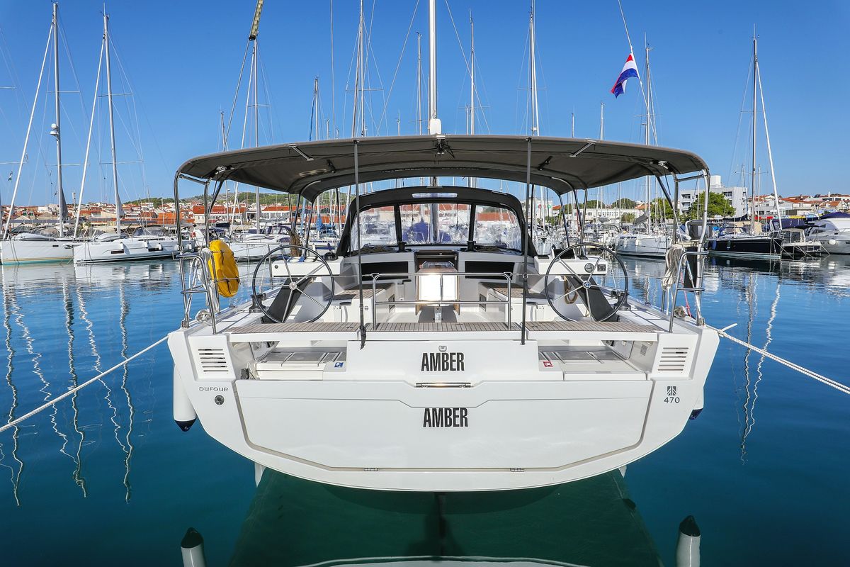 Exterior view of Amber, a Dufour 470 sailboat at Grad Trogir, Croatia