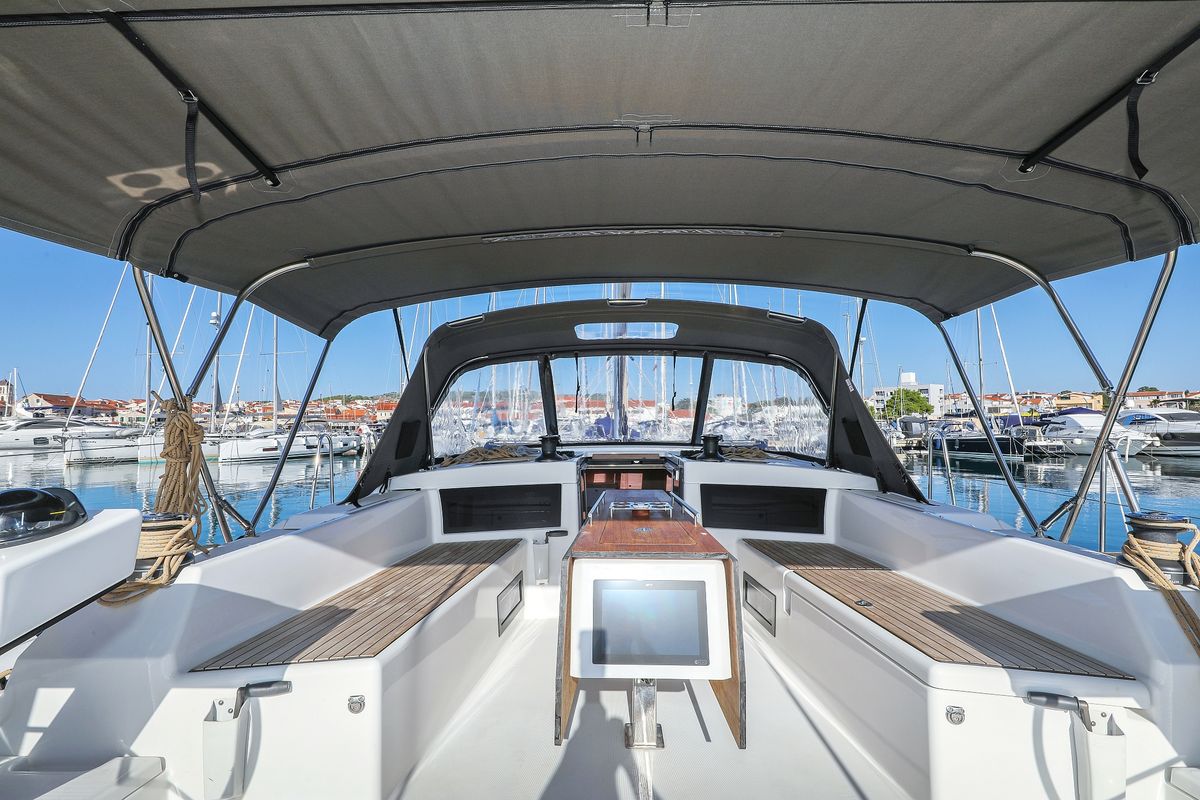 Cockpit of Amber, a Dufour 470 sailboat at Grad Trogir, Croatia