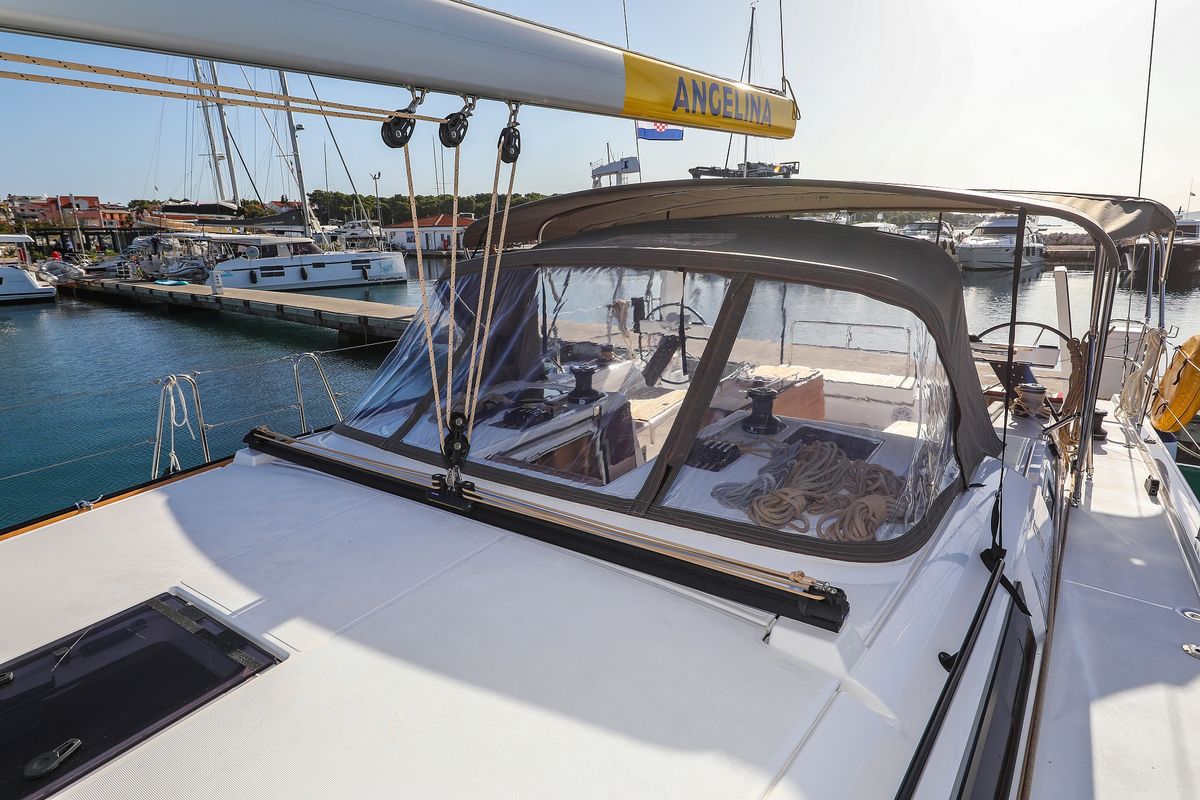 Deck of Amber, a Dufour 470 sailboat at Grad Trogir, Croatia