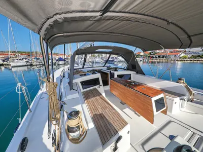 Deck of Amber, a Dufour 470 sailboat at Grad Trogir, Croatia