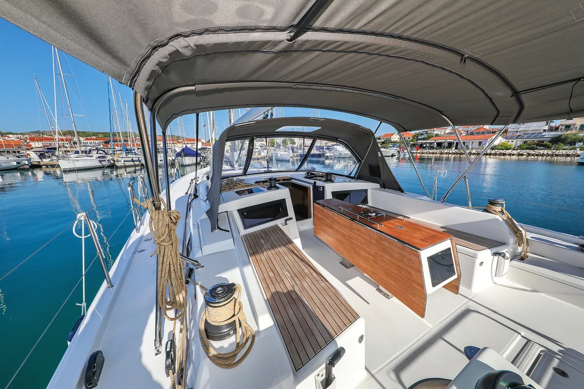 Deck of Amber, a Dufour 470 sailboat at Grad Trogir, Croatia