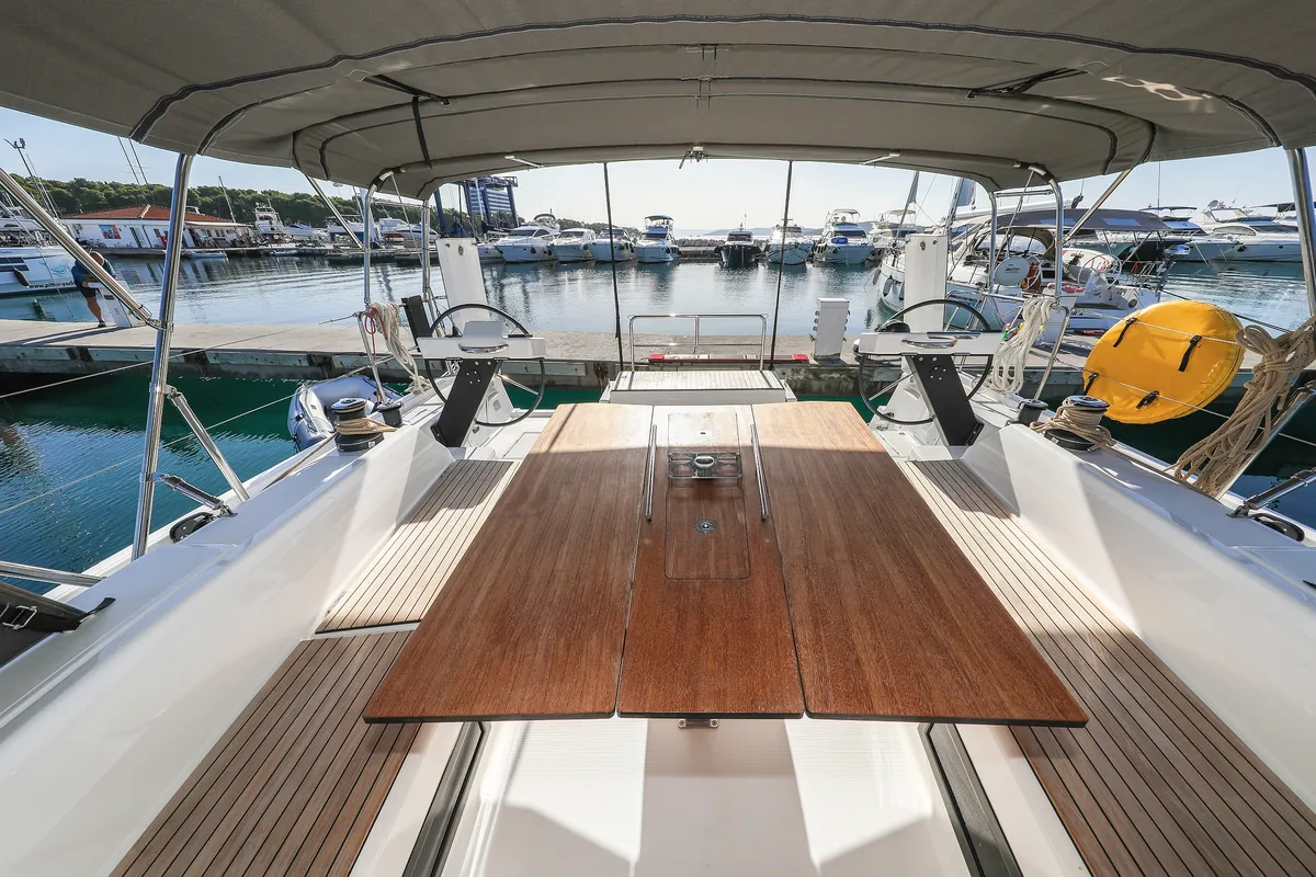 Deck of Amber, a Dufour 470 sailboat at Grad Trogir, Croatia