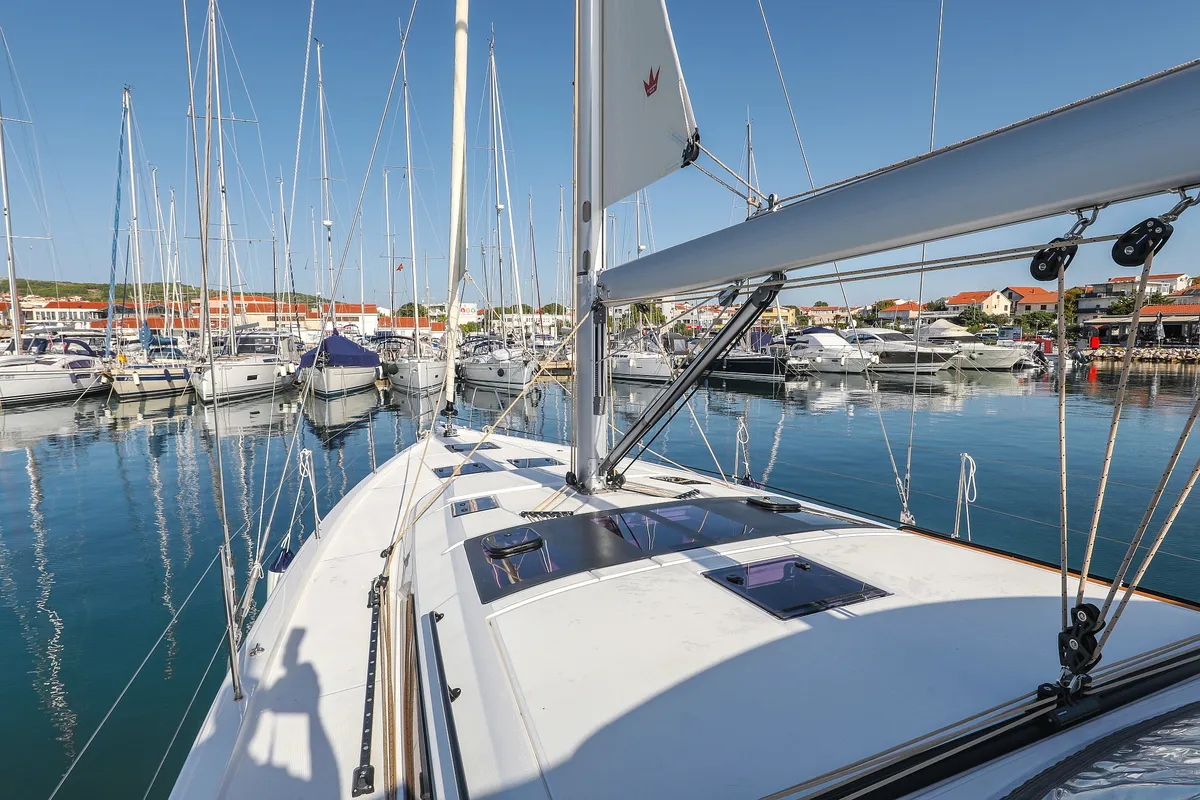 Deck of Amber, a Dufour 470 sailboat at Grad Trogir, Croatia