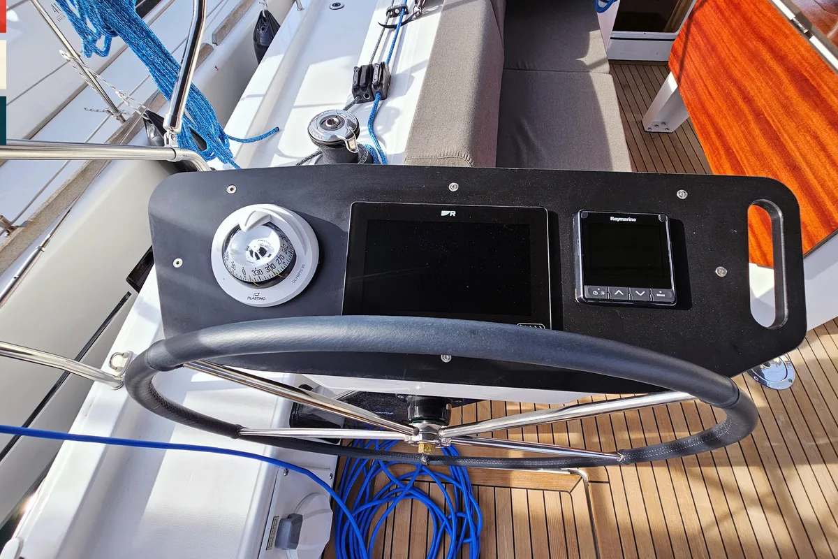 Cockpit of Kaya, a Dufour 41 sailboat at Općina Rogoznica, Croatia