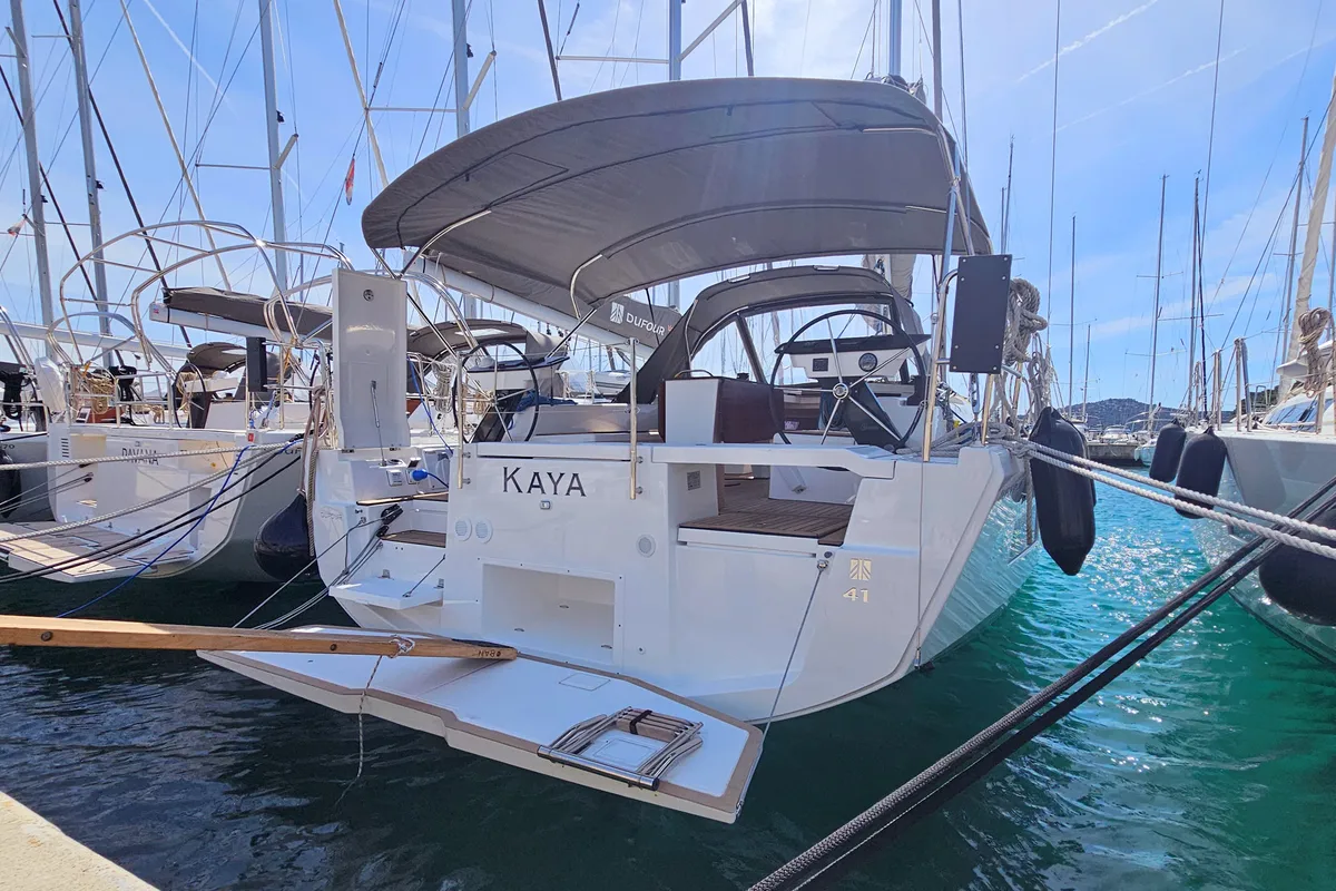 Exterior view of Kaya, a Dufour 41 sailboat at Općina Rogoznica, Croatia