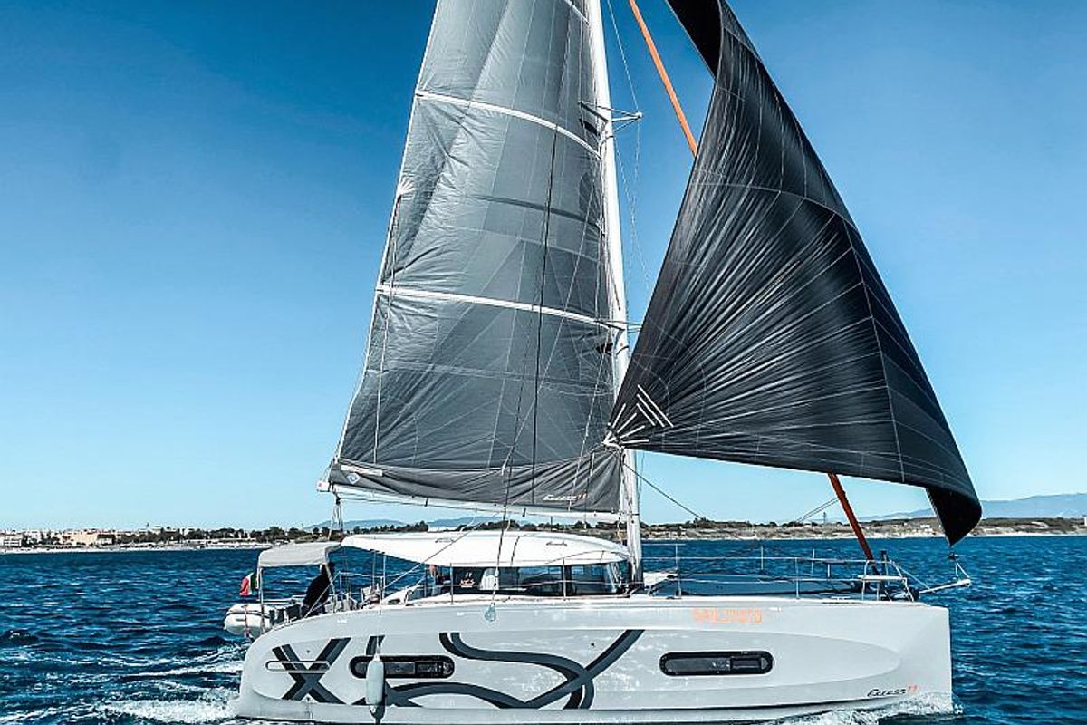 Exterior view of Sail Speed, a Excess 11 catamaran at Olbia, Italy