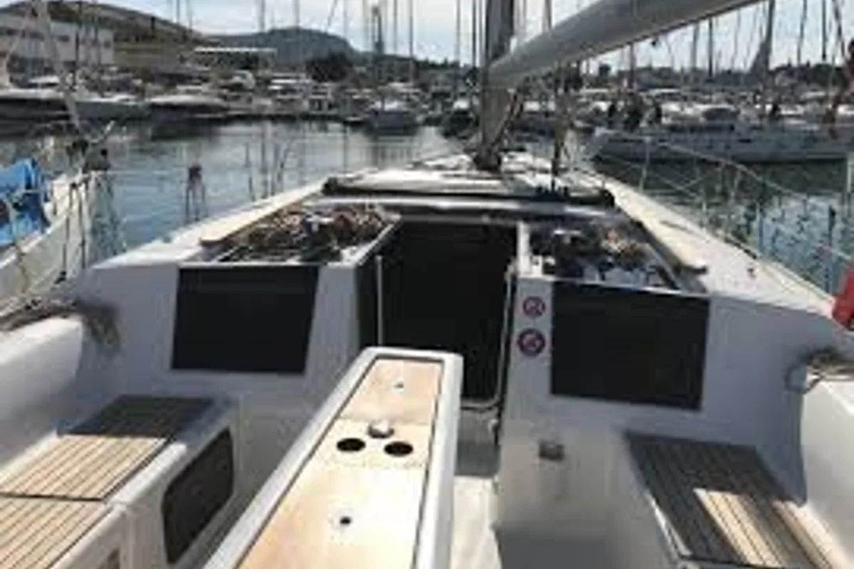Deck of Pinacolada, a Dufour 460 GL sailboat at Milazzo, Italy