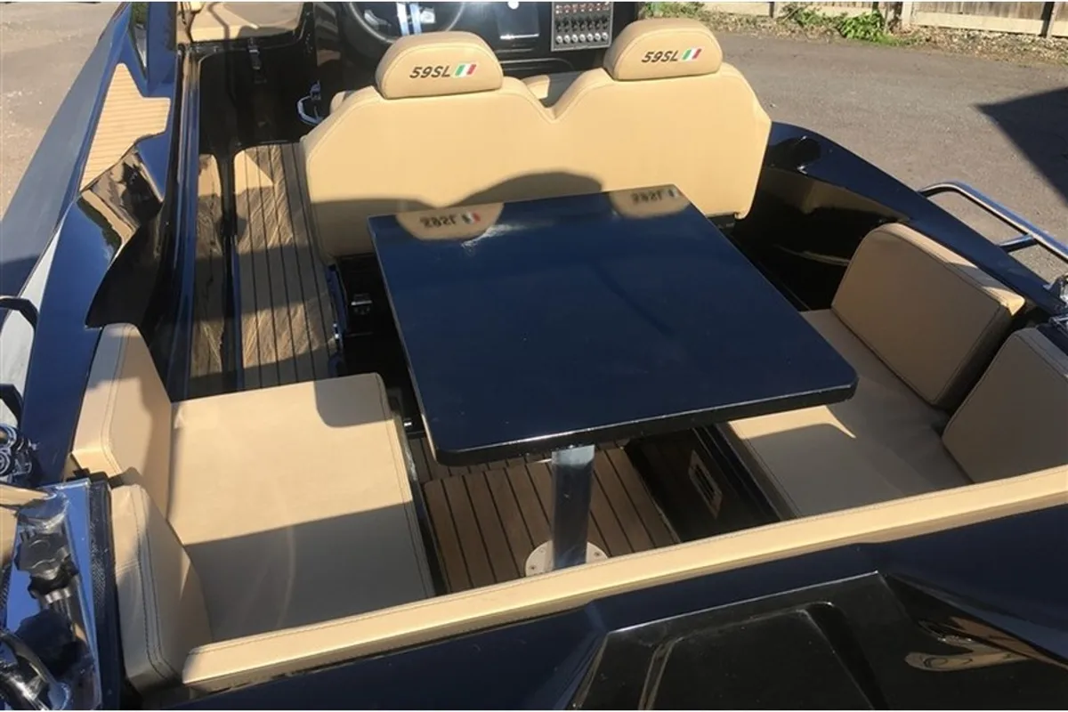 Deck of BOLLICHINA, a Zar 59 SL motorboat at Sant Antoni de Portmany, Spain