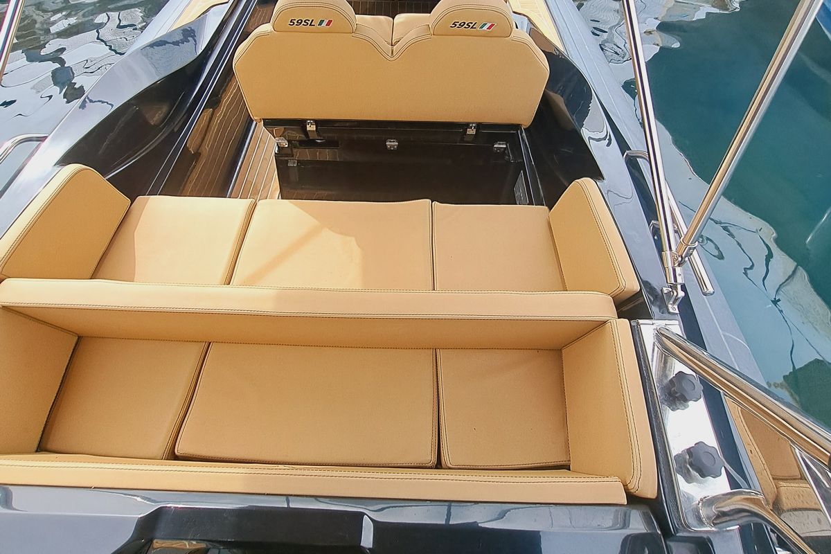 Deck of BOLLICHINA, a Zar 59 SL motorboat at Sant Antoni de Portmany, Spain