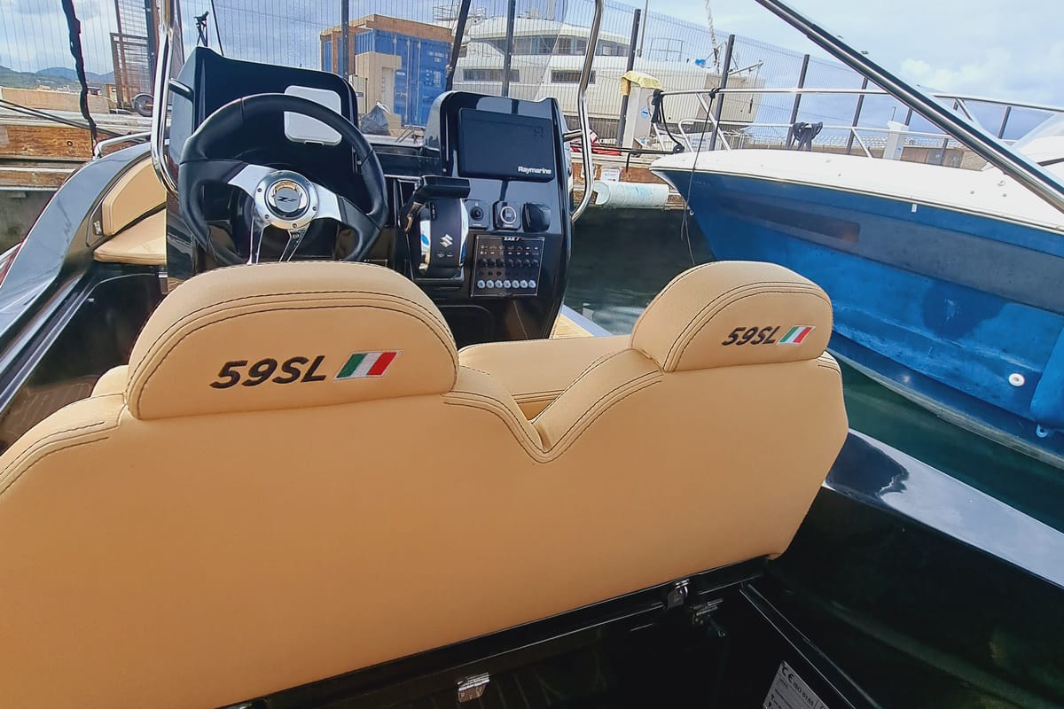 Cockpit of BOLLICHINA, a Zar 59 SL motorboat at Sant Antoni de Portmany, Spain