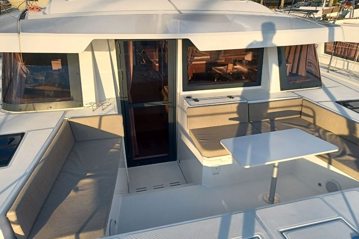 Deck of James Webb, a Bali 4.4 catamaran at Grad Trogir, Croatia