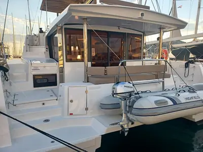 Deck of James Webb, a Bali 4.4 catamaran at Grad Trogir, Croatia