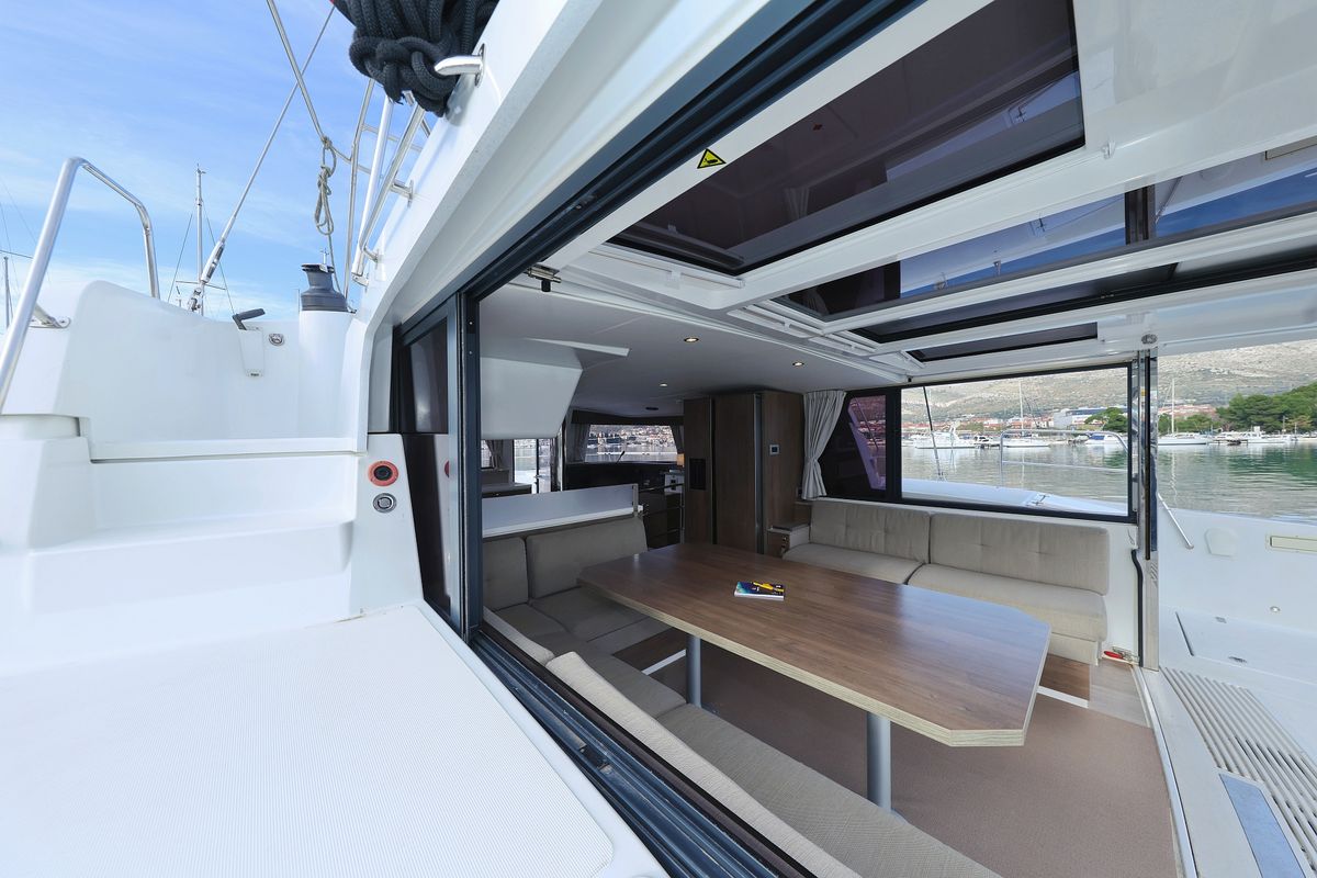 Deck of James Webb, a Bali 4.4 catamaran at Grad Trogir, Croatia