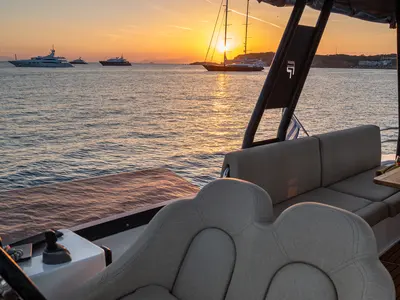 Deck of Premium, a Fountaine Pajot MY6 catamaran at Municipal Unit of Apollonioi, Greece
