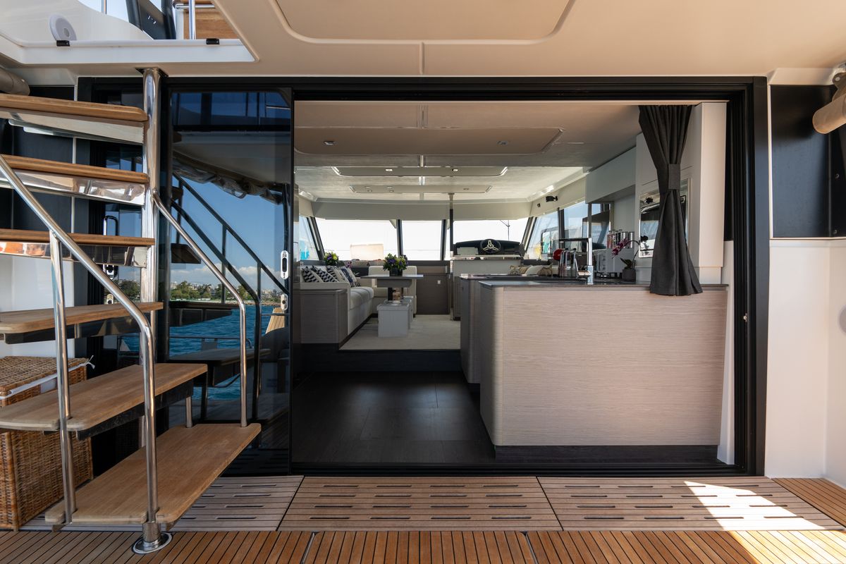 Deck of Premium, a Fountaine Pajot MY6 catamaran at Municipal Unit of Apollonioi, Greece