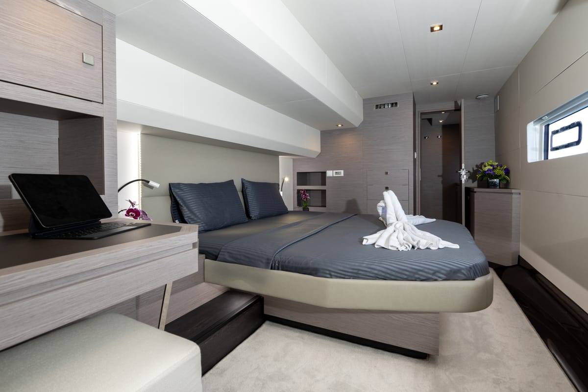 Cabin on Premium, a Fountaine Pajot MY6 catamaran at Municipal Unit of Apollonioi, Greece