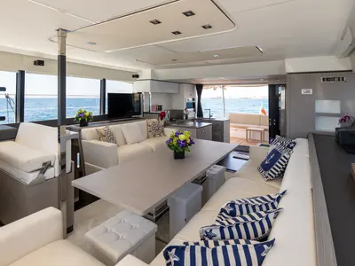 Salon of Premium, a Fountaine Pajot MY6 catamaran at Municipal Unit of Apollonioi, Greece
