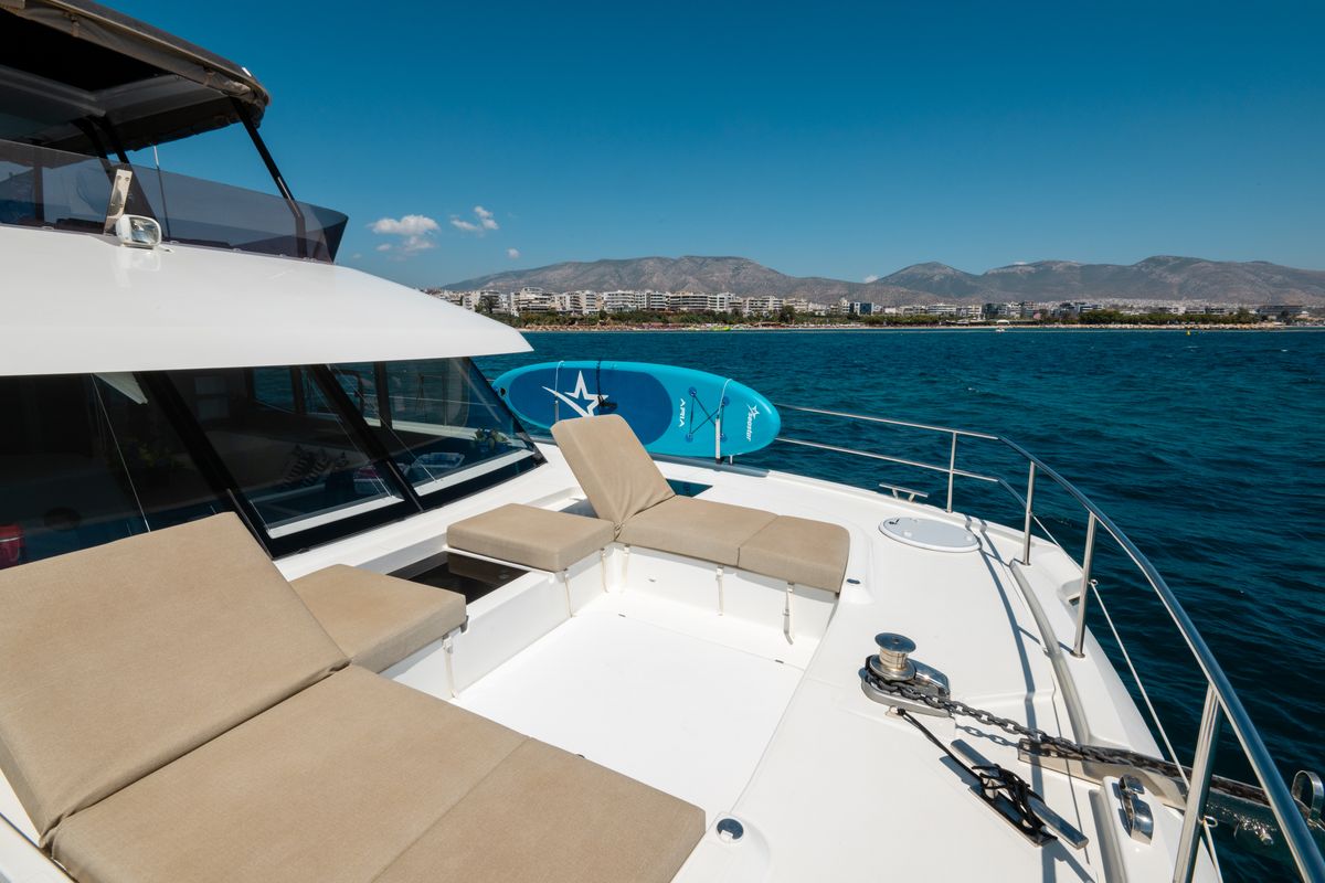 Deck of Premium, a Fountaine Pajot MY6 catamaran at Municipal Unit of Apollonioi, Greece