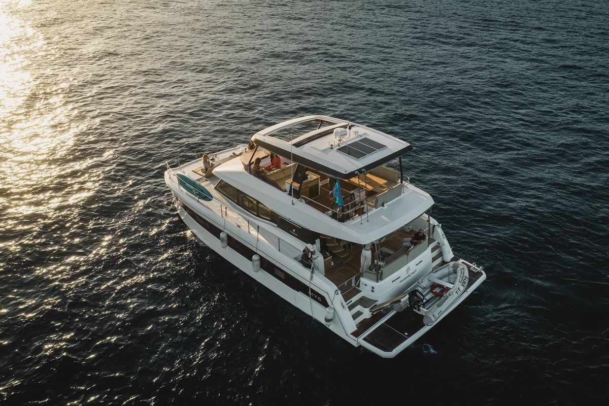 Exterior view of Premium, a Fountaine Pajot MY6 catamaran at Municipal Unit of Apollonioi, Greece