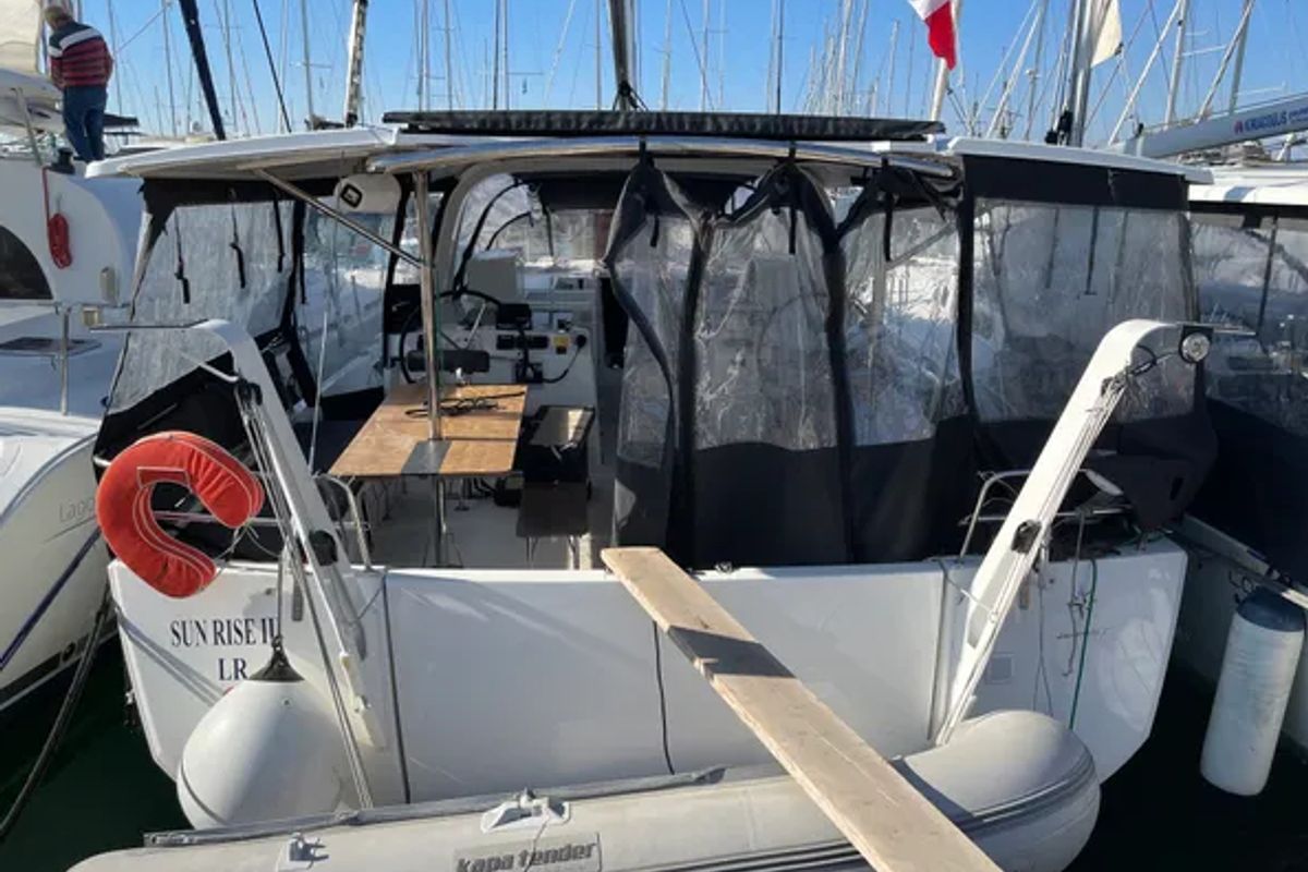 Exterior view of SUN RISE II, a Jeanneau Sun Loft 47 sailboat at Athens, Greece