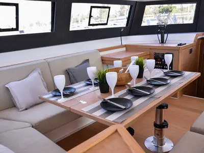 Salon of Mojito, a Dufour Catamaran 48 catamaran at Municipal Unit of Lefkada, Greece