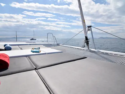 Deck of Mojito, a Dufour Catamaran 48 catamaran at Municipal Unit of Lefkada, Greece