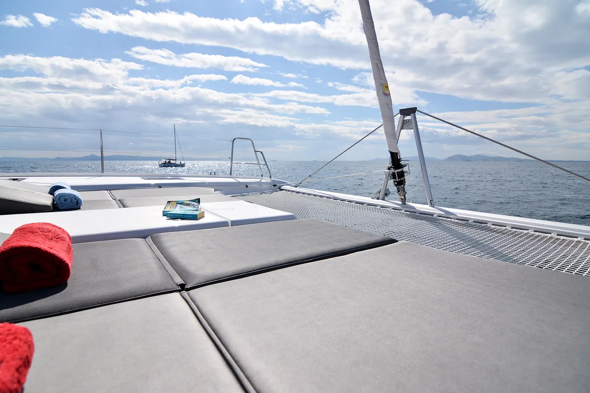 Deck of Mojito, a Dufour Catamaran 48 catamaran at Municipal Unit of Lefkada, Greece