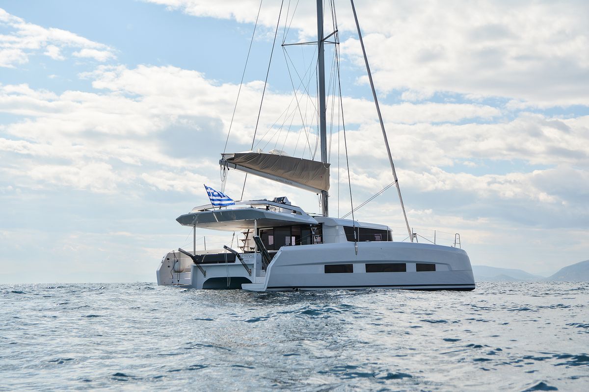 Exterior view of Mojito, a Dufour Catamaran 48 catamaran at Municipal Unit of Lefkada, Greece
