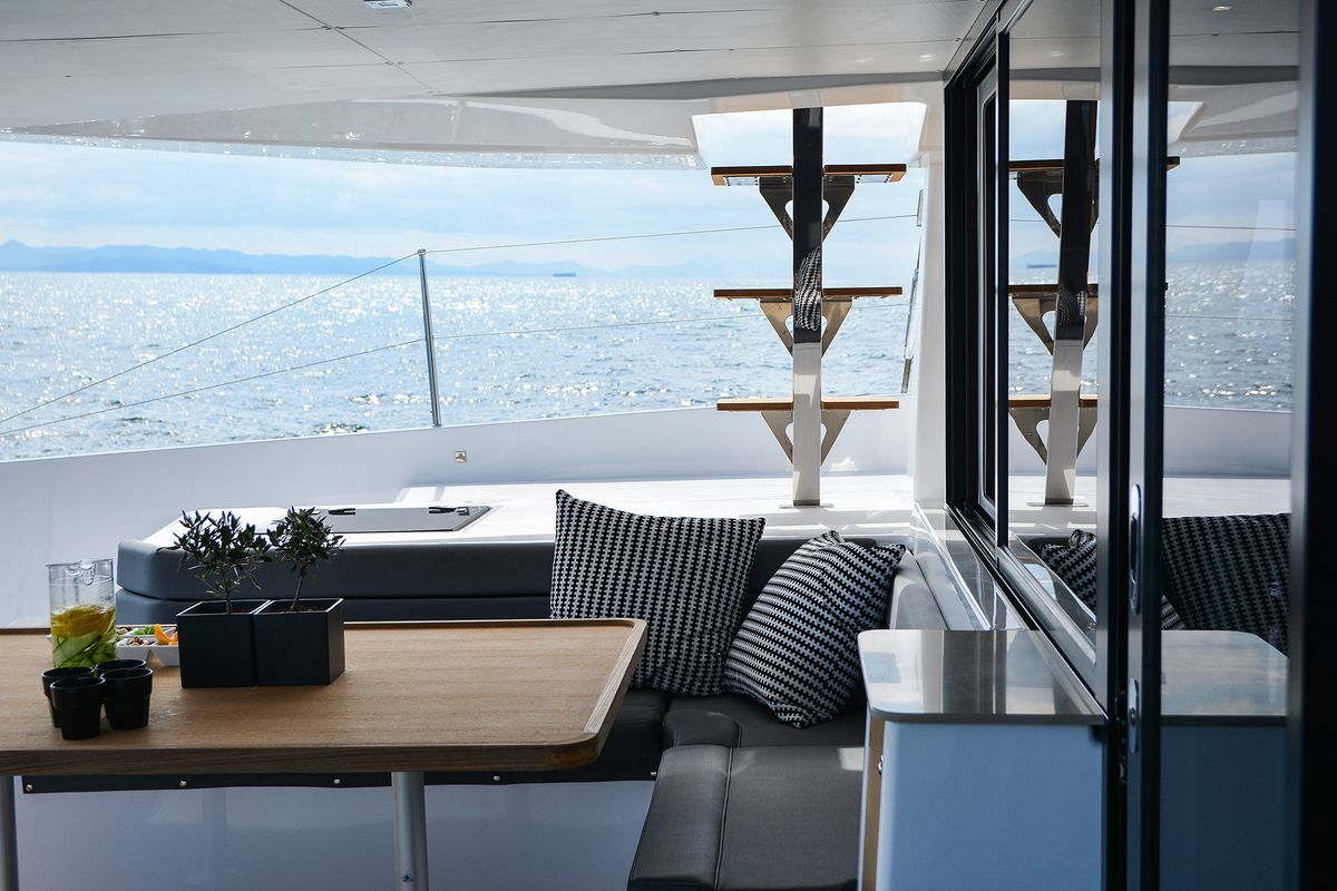 Deck of Mojito, a Dufour Catamaran 48 catamaran at Municipal Unit of Lefkada, Greece