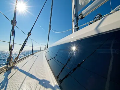 Deck of MH 83, a Bavaria Cruiser 46 sailboat at Murter, Croatia