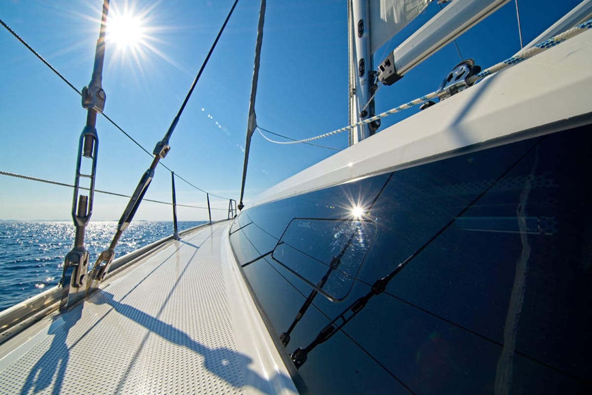 Deck of MH 83, a Bavaria Cruiser 46 sailboat at Murter, Croatia