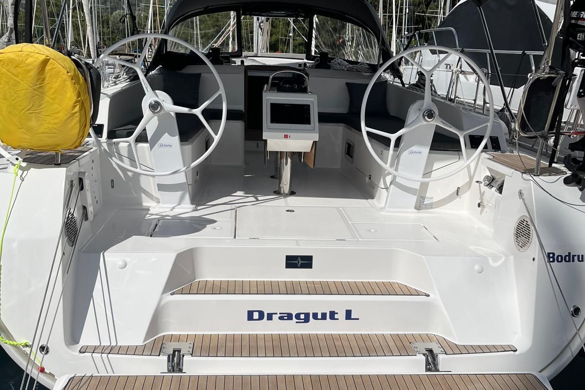 Cockpit of Dragut L, a Bavaria Cruiser 46 sailboat at Bodrum, Turkey