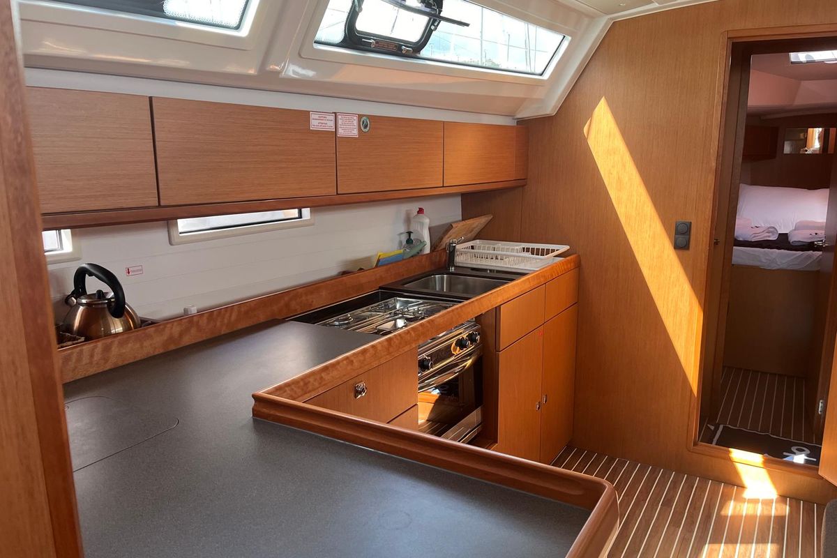 Galley of Dragut L, a Bavaria Cruiser 46 sailboat at Bodrum, Turkey
