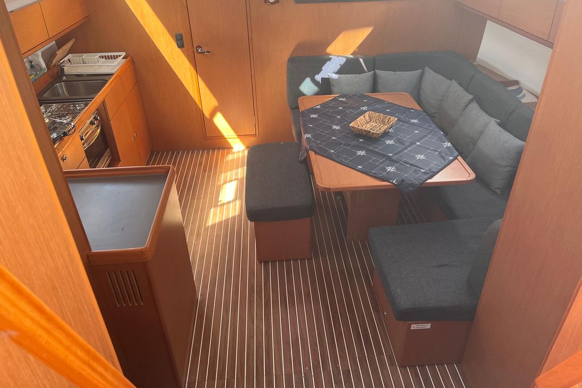 Salon of Dragut L, a Bavaria Cruiser 46 sailboat at Bodrum, Turkey
