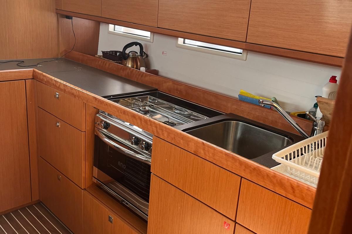 Galley of Dragut L, a Bavaria Cruiser 46 sailboat at Bodrum, Turkey