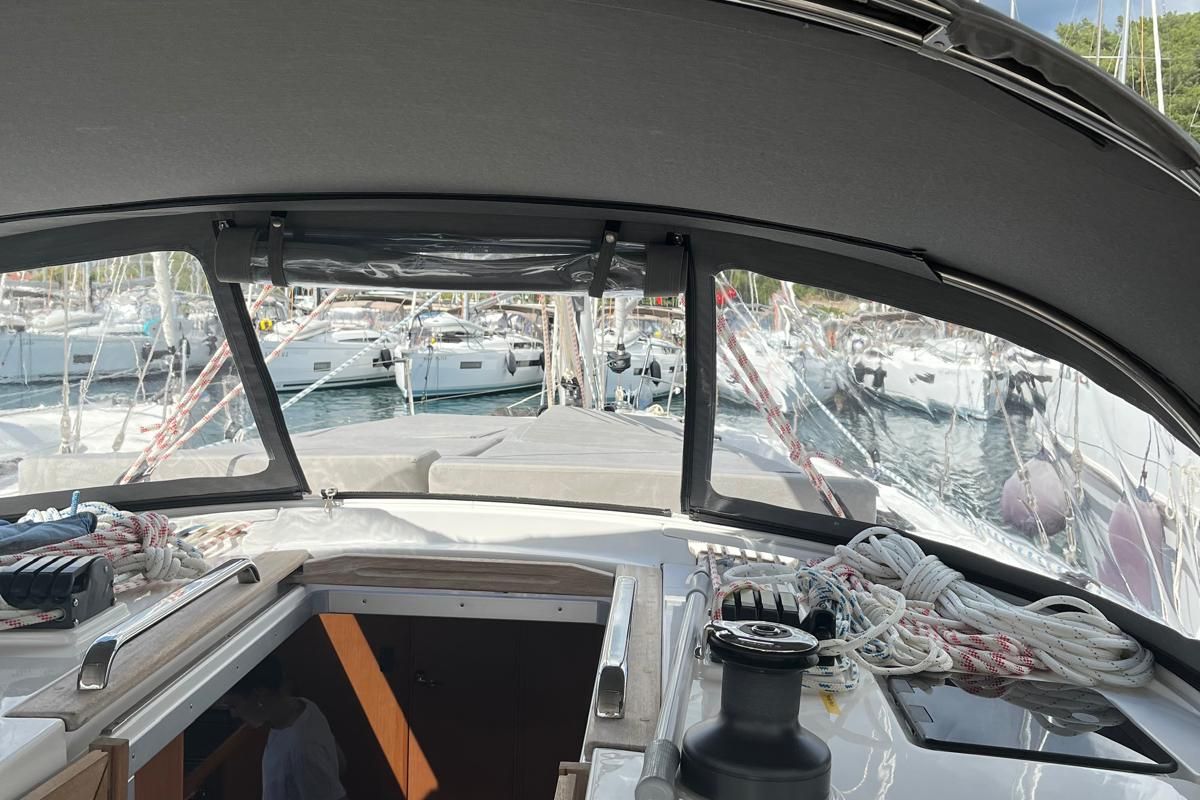 Deck of Dragut L, a Bavaria Cruiser 46 sailboat at Bodrum, Turkey