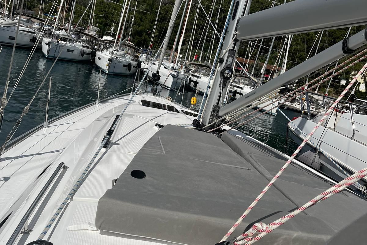 Deck of Dragut L, a Bavaria Cruiser 46 sailboat at Bodrum, Turkey