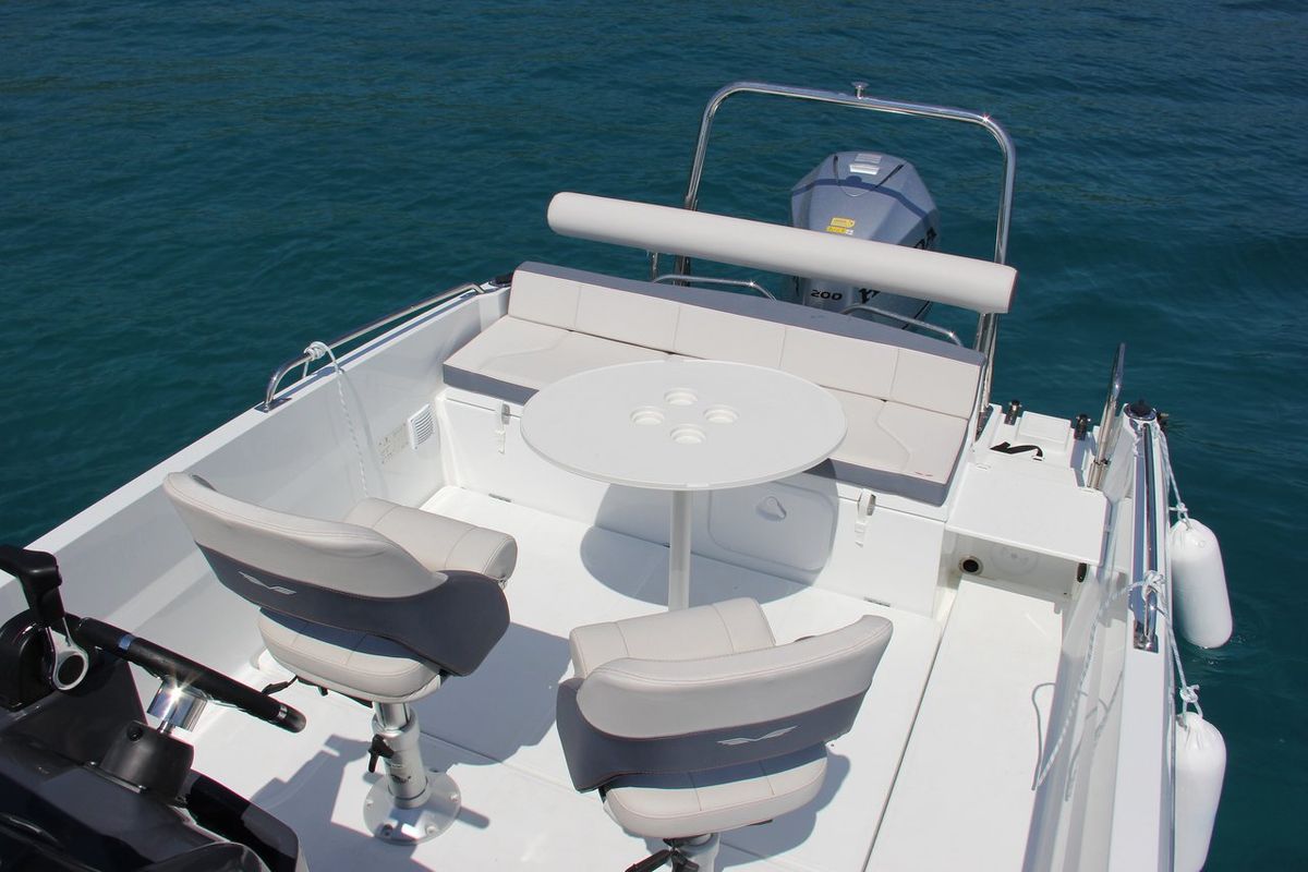 Deck of Benetau Flyer 6.6 Space Deck, a Beneteau Flyer 6.6 SpaceDeck motorboat at Grad Trogir, Croatia