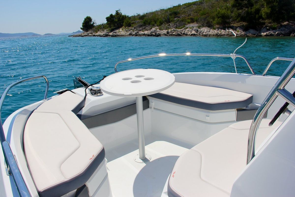 Deck of Benetau Flyer 6.6 Space Deck, a Beneteau Flyer 6.6 SpaceDeck motorboat at Grad Trogir, Croatia