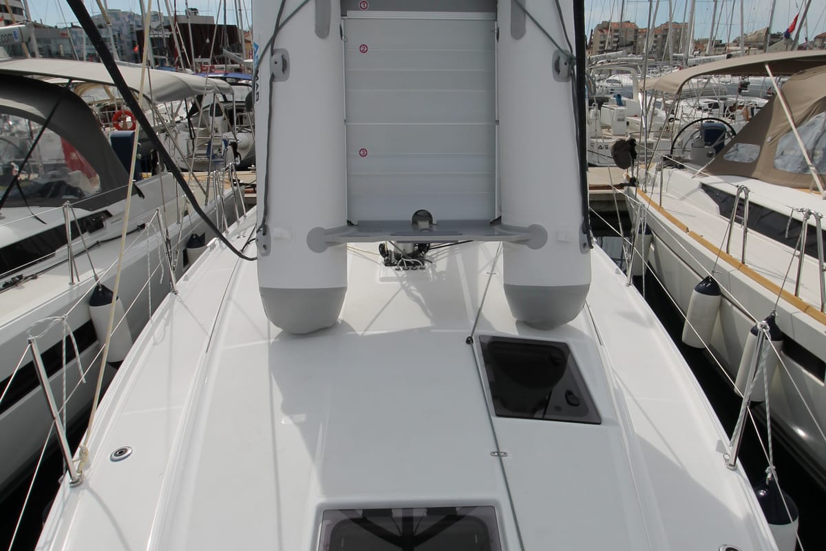 Deck of Evita, a Jeanneau Sun Odyssey 380 sailboat at Grad Biograd na Moru, Croatia