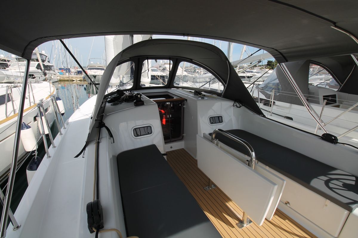 Cockpit of Evita, a Jeanneau Sun Odyssey 380 sailboat at Grad Biograd na Moru, Croatia