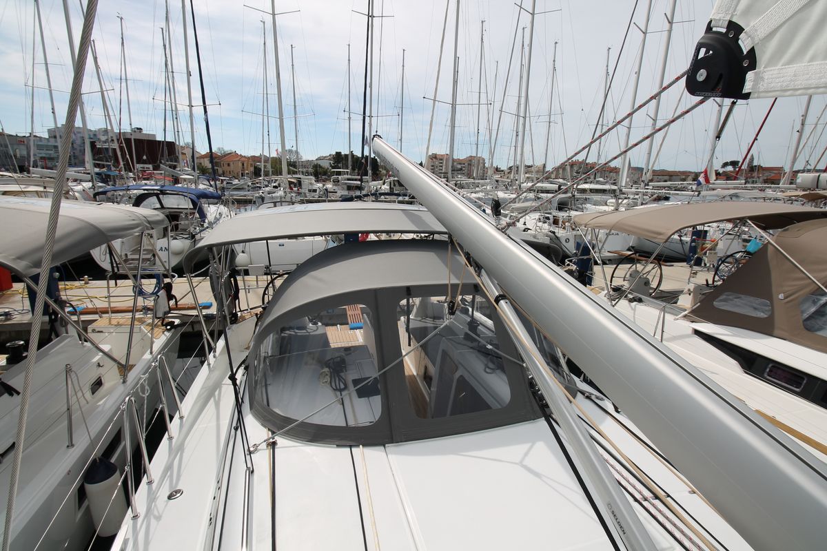 Deck of Evita, a Jeanneau Sun Odyssey 380 sailboat at Grad Biograd na Moru, Croatia