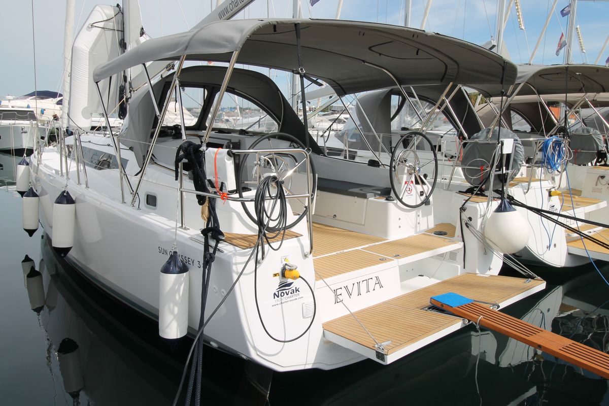 Exterior view of Evita, a Jeanneau Sun Odyssey 380 sailboat at Grad Biograd na Moru, Croatia