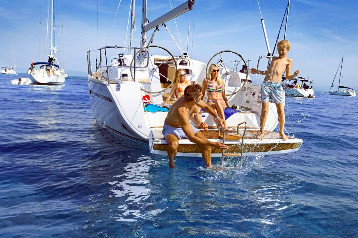 Exterior view of Optasia, a Bavaria Cruiser 41 sailboat at Municipal Unit of Rhodes, Greece