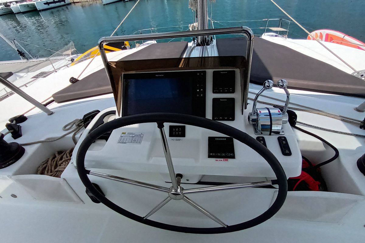 Cockpit of Minotavros, a Lagoon 51 catamaran at Athens, Greece