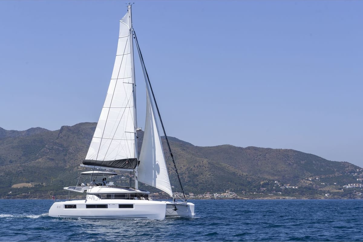 Exterior view of Minotavros, a Lagoon 51 catamaran at Athens, Greece