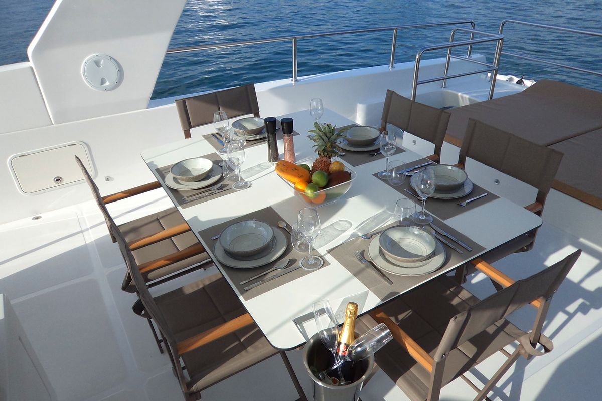 Deck of Over Reef, a Gulet Power Catamaran catamaran at Malé, Maldives
