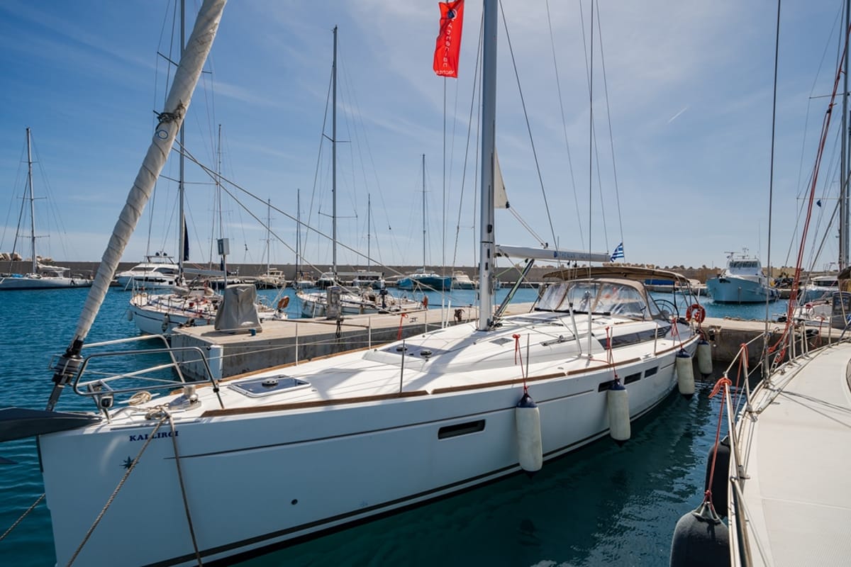 Exterior view of Kalliroi, a Jeanneau Sun Odyssey 519 sailboat at Municipal Unit of Rhodes, Greece